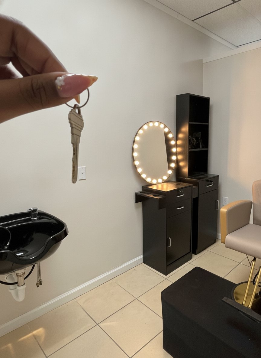Being handed the keys to a furnished private salon suite at F4H Salon Studios
